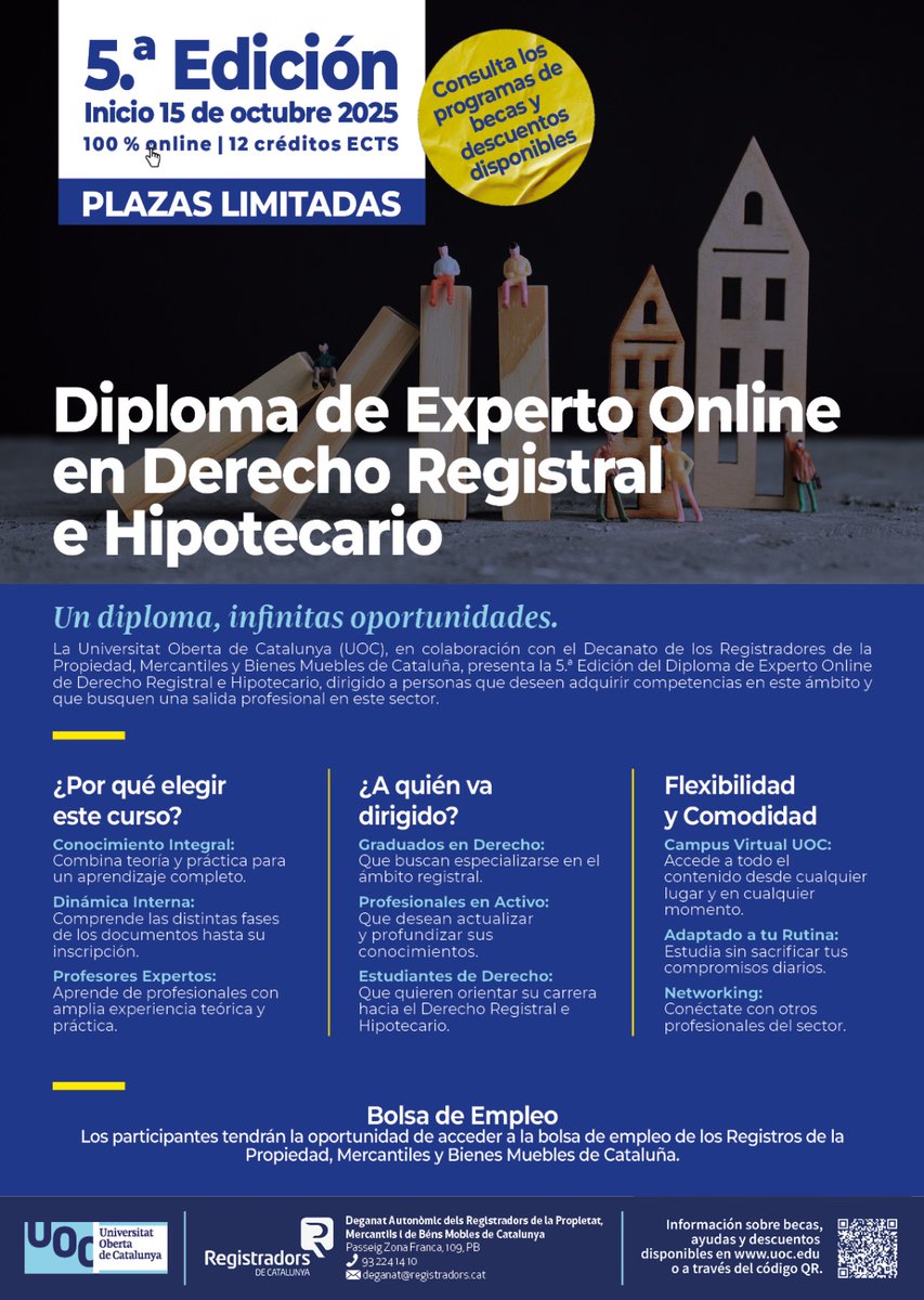 🔔 ¡Últimas horas! Hoy, 1 de julio, finaliza el 10 % de descuento por matrícula anticipada
🎓 Diploma de Experto Online en Derecho Registral e Hipotecario
📚 Organizado por <a href="/UOCedcp/">UOC Dret i Política</a>  con <a href="/RegistradorsCAT/">Decanato de los Registradores de Cataluña</a> 
💻 Formación 100 % online y práctica
👩‍⚖️ Para juristas y profesionales del