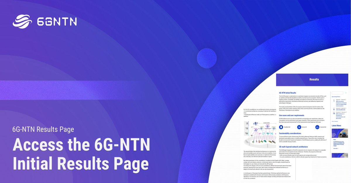 🚀Learn more about 6G-NTN initial results on use cases, sustainability, 3D architectures &amp; regulation in 6G-NTN integration.

These outcomes reflect the work accomplished over the first 30 months of the project and set the stage for the final phase.

🔗 6g-ntn.eu/results