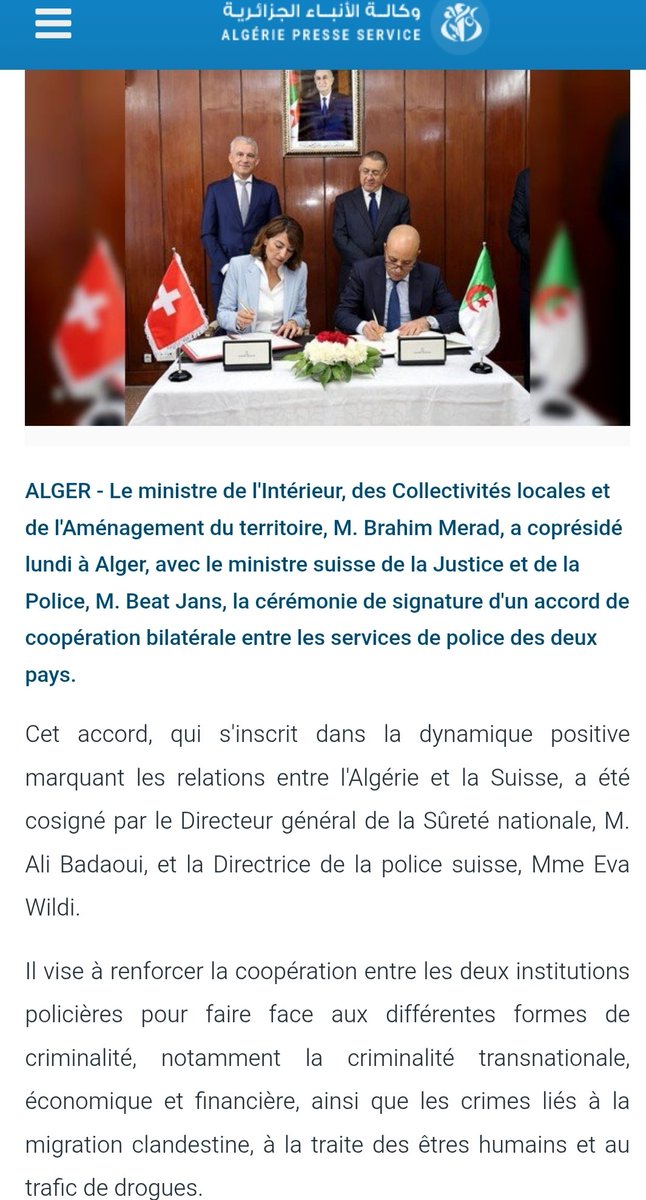 #Algeria continues its turnaround and significantly expands anti-migration and border regime cooperation with #Europe. Yesterday, Algiers signed a bilateral police agreement with #Switzerland that covers "clandestine migration" and joint police training 1/ aps.dz/algerie/188783…