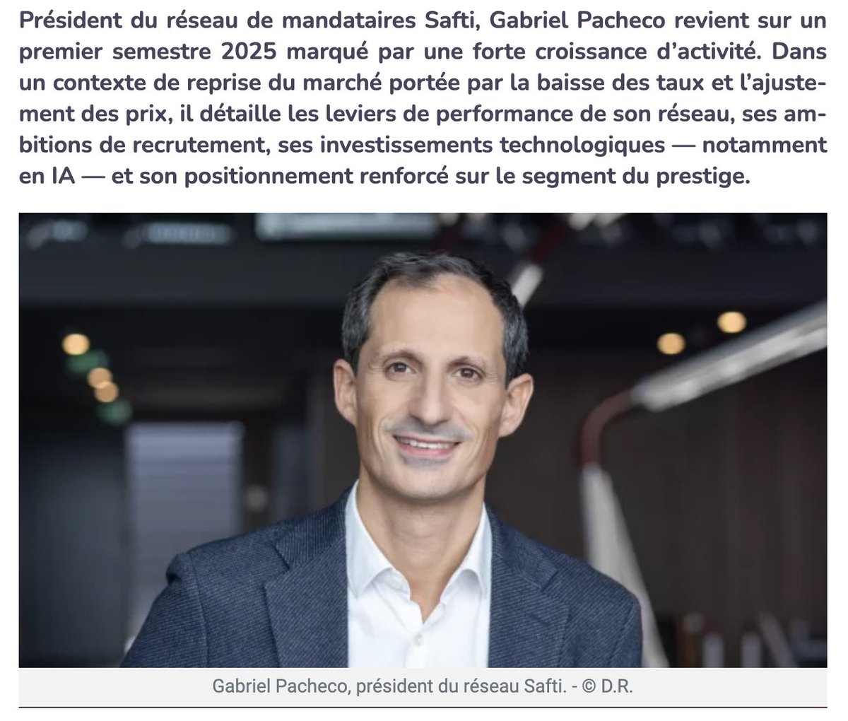 IMMOMATIN's tweet image. #IMMOBILIER | SAFTI surperforme : +31 % de CA au 1er semestre 2025, +12 450 actes signés.
➡️ Baisse des taux et prix, outils digitaux, sentiment d’appartenance… Le réseau @agencesafti ouvre son capital aux top conseillers.
👉 buff.ly/zRtn9ip
#Safti #Mandataires #Proptech