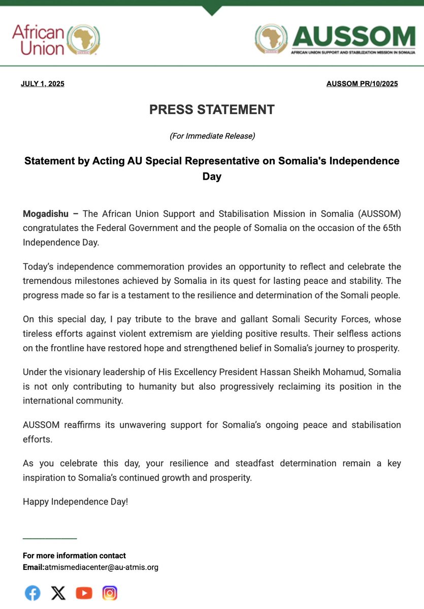Statement by Acting AU Special Representative on #Somalia’s Independence Day.

Read more → bit.ly/44DrrXX