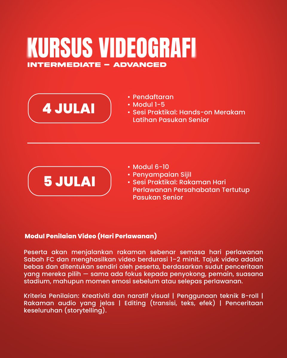 Sabah FC Official (@sabahfcofficial) on Twitter photo ๐ฅ Kursus Videografi Sabah FC
๐๏ธ Tarikh Kursus : 4-5 Julai 2025
๐ Lokasi : SAFA
๐ต Yuran: RM250 (Pembayaran Walk-In)
Pre-Register Now!
forms.gle/HZvKbz9XBebLqQโฆ
๐น Anda akan ada berpeluang bekerjasama dengan Sabah FC
๐ฉ Tarikh tutup penyertaan pada 3 ๐๐๐น๐ฎ๐ถ 2025, 10.00 am ๐ฅ Kursus Videografi Sabah FC
๐๏ธ Tarikh Kursus : 4-5 Julai 2025
๐ Lokasi : SAFA
๐ต Yuran: RM250 (Pembayaran Walk-In)
Pre-Register Now!
forms.gle/HZvKbz9XBebLqQโฆ
๐น Anda akan ada berpeluang bekerjasama dengan Sabah FC
๐ฉ Tarikh tutup penyertaan pada 3 ๐๐๐น๐ฎ๐ถ 2025, 10.00 am