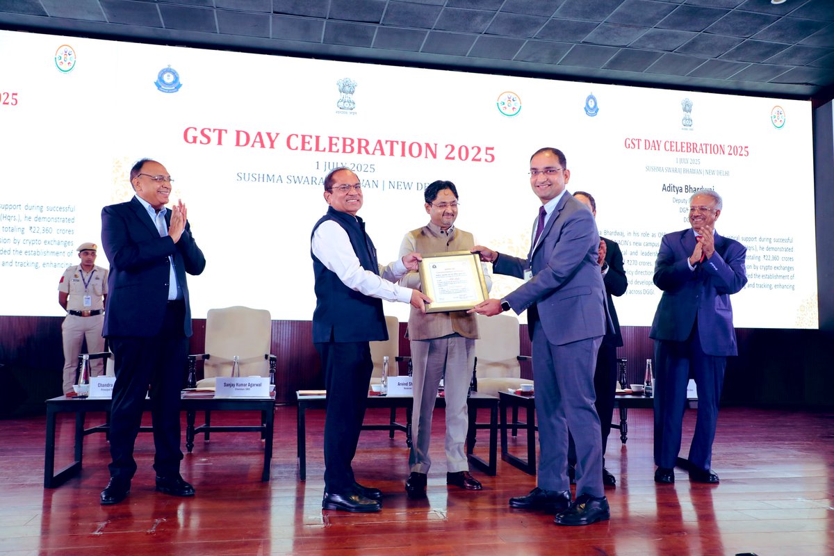 <a href="/FinMinIndia/">Ministry of Finance</a> <a href="/nsitharamanoffc/">Nirmala Sitharaman Office</a> <a href="/PIB_India/">PIB India</a> <a href="/mppchaudhary/">Pankaj Chaudhary</a> Revenue Secretary Sh. Arvind Shrivastava felicitated 26 officers of CBIC on GST Day 2025 for their continued devotion and commitment to duty. 
#8YearsofGST