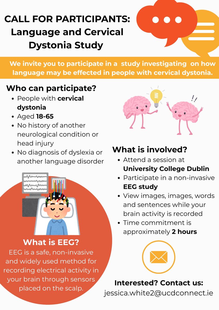Dystonia Ireland (@dystoniaireland) on Twitter photo An invitation to participate in a study at <a href="/ucddublin/">University College Dublin</a> investigating how language may be effected in people with #cervicaldystonia
Explanatory video:
drive.google.com/file/d/1zNTpLC…
#Dystonia An invitation to participate in a study at <a href="/ucddublin/">University College Dublin</a> investigating how language may be effected in people with #cervicaldystonia
Explanatory video:
drive.google.com/file/d/1zNTpLC…
#Dystonia