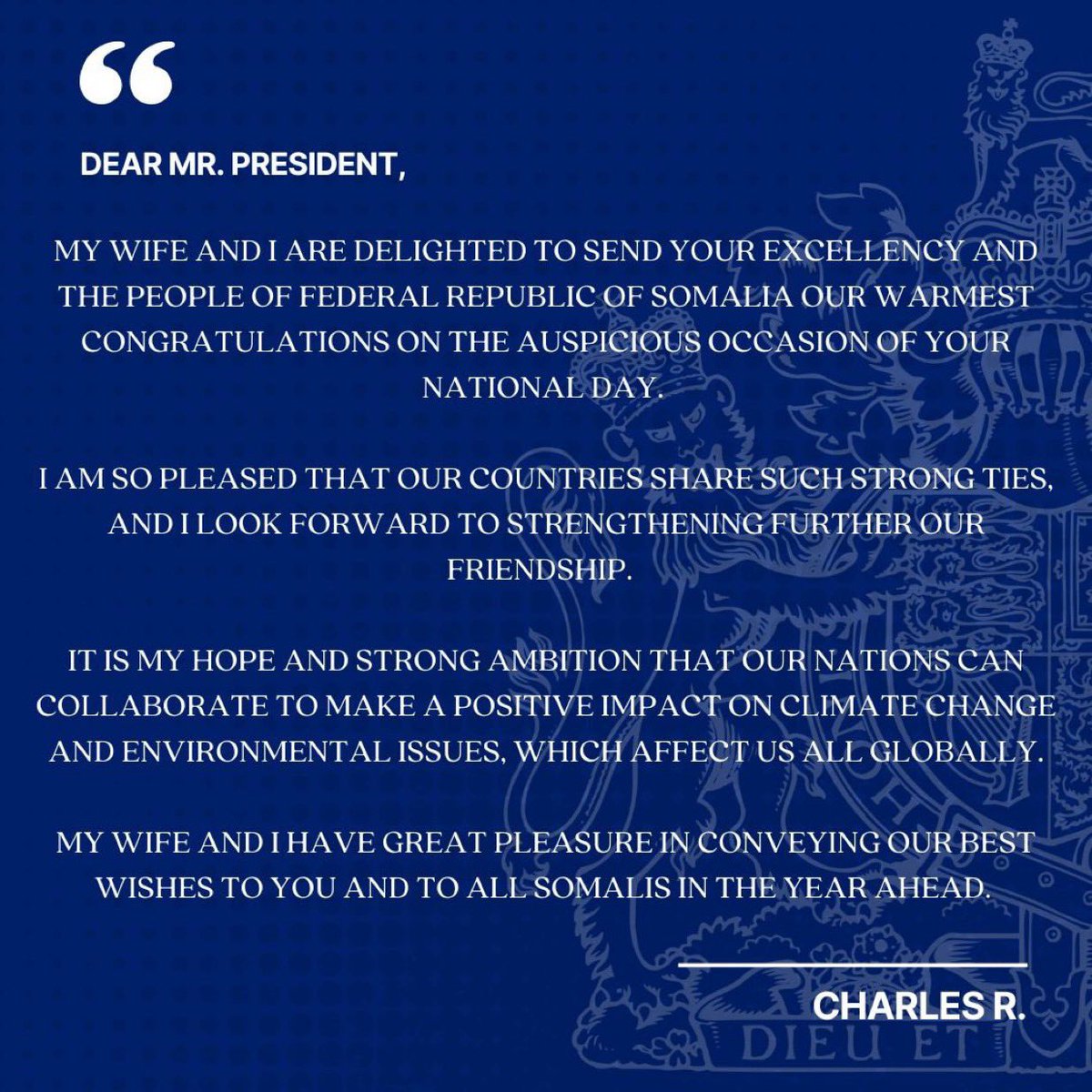 #UK’s King Charles sends a congratulatory message to #Somalia’s President <a href="/HassanSMohamud/">Hassan Sheikh Mohamud</a> on the occasion of Independence Day.