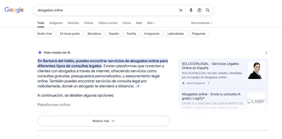 carlos_darko's tweet photo. 'Abogados online'. Lo busco dos veces en Google.

Primera vez, me salen los AI Overviews típicos:

🤢 Ni un enlace en el texto más allá de las 'cadenitas' que te llevan a las menciones en el lateral.

Segunda vez, me salen otros AI Overviews experimentales:

😗 No aparece la barra lateral de menciones pero sin embargo podemos ver enlaces perfectamente integrados en el texto para ir a las webs con un sólo clic.

Yo lo tengo claro. 'This is the way', que diría el mandaloriano.