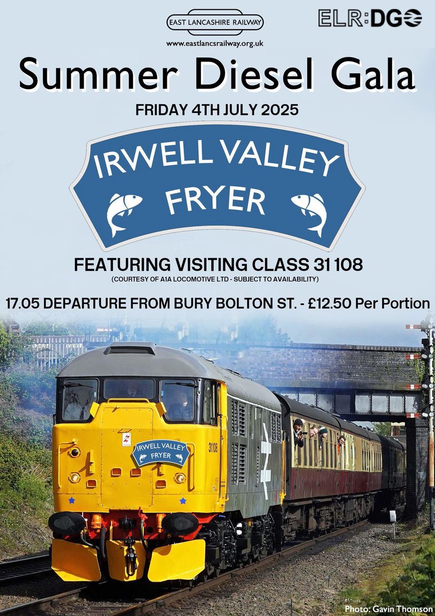 🎣The ‘Irwell Valley Fryer’ featuring Class 31, 31108 – Friday 4th July!

Complete your Friday visit to the Summer Diesel Gala with Fish &amp; Chips on board, hauled by visiting Class 31, 31108, courtesy of A1A Locomotives

Limited Spaces - For Info &amp; Tickets:
eastlancsrailway.org.uk/events-activit…