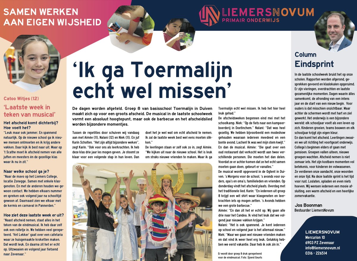 Groep 8 van basisschool Toermalijn (Duiven) telt af. Musical, BBQ en afscheidslied als hoogtepunt. Ook Catoo Witjes (12) vertelt over haar afscheid. Lees de #nieuwsflits online of in Duiven Post, Westervoort Post en Zevenaar Post.

Fijne zomer! Na de vakantie zijn we er weer.