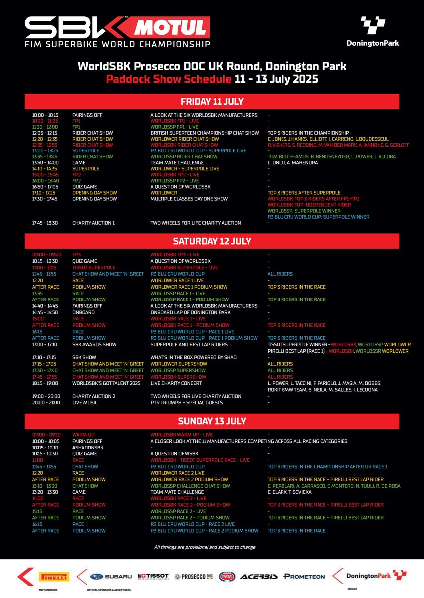 You know <a href="/WorldSBK/">WorldSBK</a> is getting close, when the Paddock Show timetable drops!

Make sure to join <a href="/mhillofficial/">Michael Hill 🎤</a> throughout the weekend for all the fun, games and celebrations on 11-13 July! 🎙️🍾🏆🏍️🎉