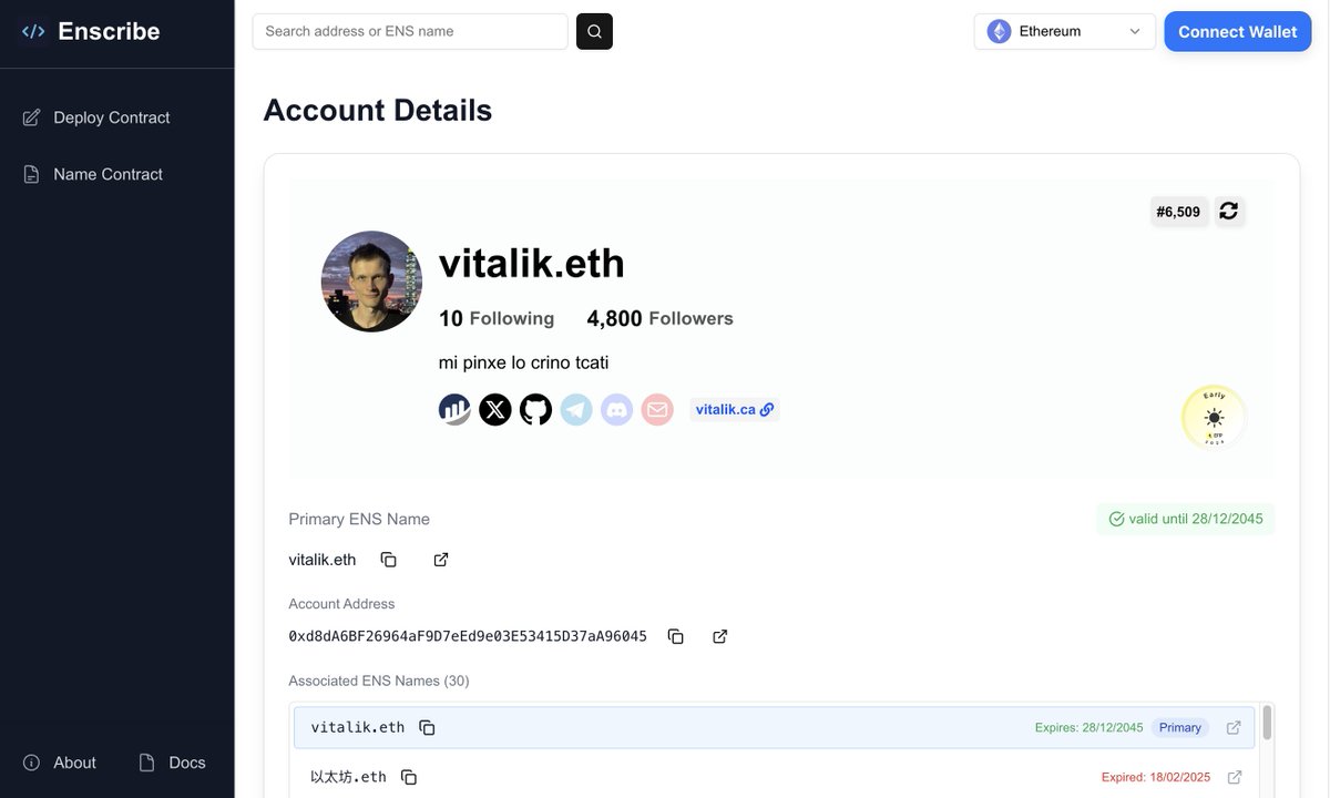 ENScribe (@enscribe_) on Twitter photo Wait, what's this!
Just in time for <a href="/EthCC/">EthCC - Ethereum Community Conference</a> day two, the Enscribe team have dropped their <a href="/efp/">Ethereum Follow Protocol | efp.eth</a> integration π₯π₯π₯
Want to see #Vitalik's #ENS social graph AND what <a href="/ensdomains/">ens.eth</a> names he owns in one place?
Hit up the Enscribe app, now supercharged by EFP π Wait, what's this!
Just in time for <a href="/EthCC/">EthCC - Ethereum Community Conference</a> day two, the Enscribe team have dropped their <a href="/efp/">Ethereum Follow Protocol | efp.eth</a> integration π₯π₯π₯
Want to see #Vitalik's #ENS social graph AND what <a href="/ensdomains/">ens.eth</a> names he owns in one place?
Hit up the Enscribe app, now supercharged by EFP π