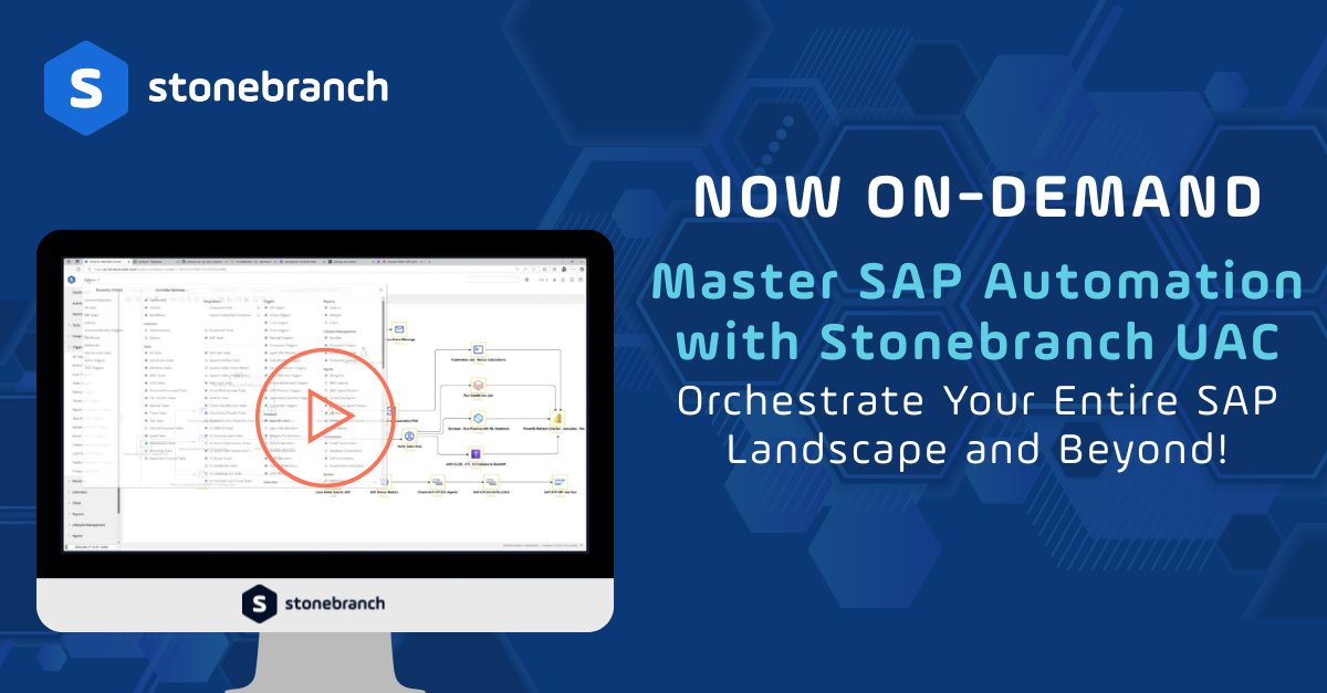Stonebranch's tweet image. 🎥 NOW ON-DEMAND | Master SAP Automation with Stonebranch UAC
🚀 Learn how to orchestrate your entire SAP landscape and beyond.
🔗hubs.ly/Q03tTmdk0
#UAC #SAP #SAPAutomation #JobsAsCode #Workflow ⚙️ #Cloud ☁️ #OnPrem 🖥️ #Orchestration 🔄