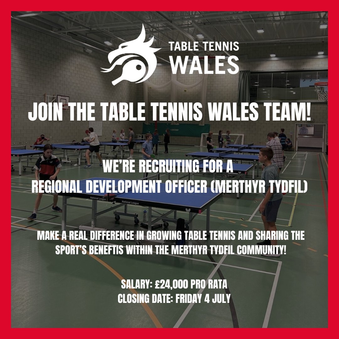 🚨JOIN TABLE TENNIS WALES🚨

Table Tennis Wales is looking for a motivated and well-organised Regional Development Officer for Merthyr Tydfil! Join our dynamic development team and make a real difference in the local community by growing table tennis.

Find all you need to know