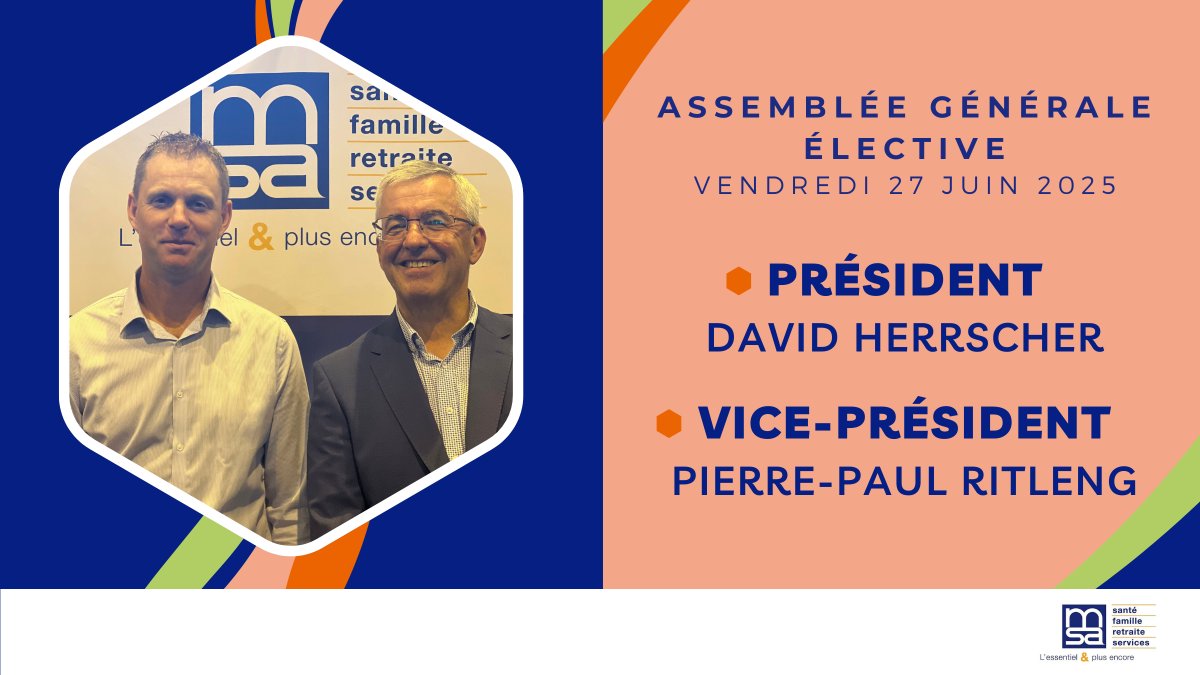 Vendredi, s'est tenue notre AG durant laquelle ont été élus les administrateurs, ainsi que nos nouveaux Président et premier Vice-Président --&gt; Réélus !

Bravo à tous les délégués et l'équipe du CA 2025-2030 !  

<a href="/msa_actu/">La MSA</a> <a href="/ludovichaye/">Ludovic HAYE</a>

#AG2025 #MSA #ElectionsDeleguesMSA