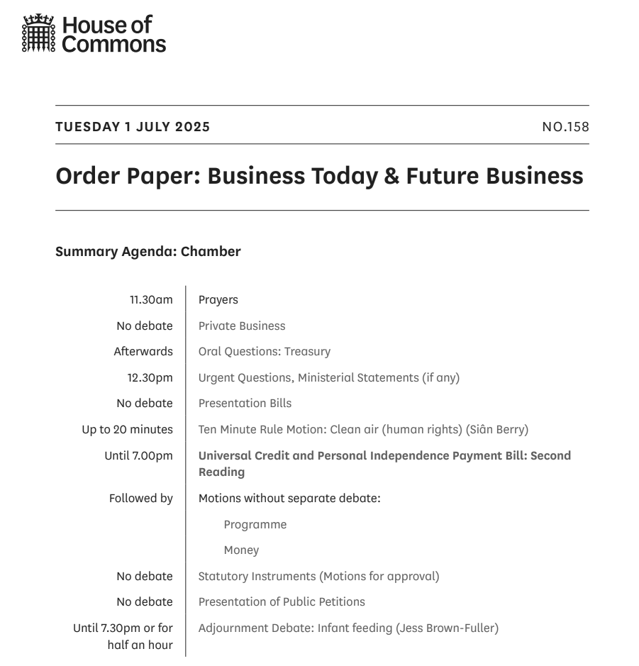 The House of Commons sits from 11.30am today.

The #OrderPaper is published each sitting day and lists the business of the House.