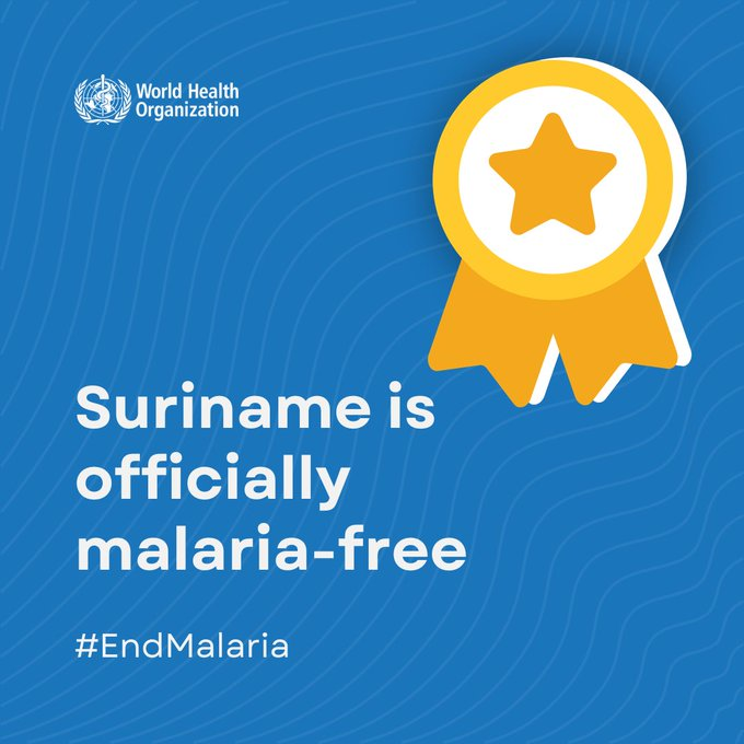 Civil Society For Malaria Elimination (CS4ME) (@cs4meglobal) on Twitter photo #MalariaNews
Congratulations to #Suriname 🇸🇷 for being certified malaria-free by <a href="/WHO/">World Health Organization (WHO)</a>, becoming the first country in the Amazon region to achieve this milestone!
🔗 Read the full press release: who.int/news/item/30-0…
#MalariaEndsWithUs #MalariaNews
Congratulations to #Suriname 🇸🇷 for being certified malaria-free by <a href="/WHO/">World Health Organization (WHO)</a>, becoming the first country in the Amazon region to achieve this milestone!
🔗 Read the full press release: who.int/news/item/30-0…
#MalariaEndsWithUs