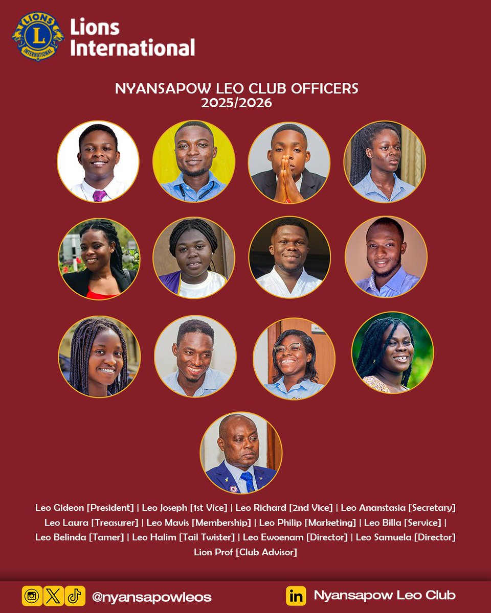 nyansapowleos's tweet photo. 🦁 Welcome to a new #LeoClub service year!
We proudly introduce the 2025/2026 Board of the Nyansapow Leos Club — a vibrant team ready to lead with passion and serve with impact. 

Let’s ROAR louder, serve better, and grow together
#leodistrict418 
#nyansapowleos
#newserviceyear https://t.co/Ho6jnseggo