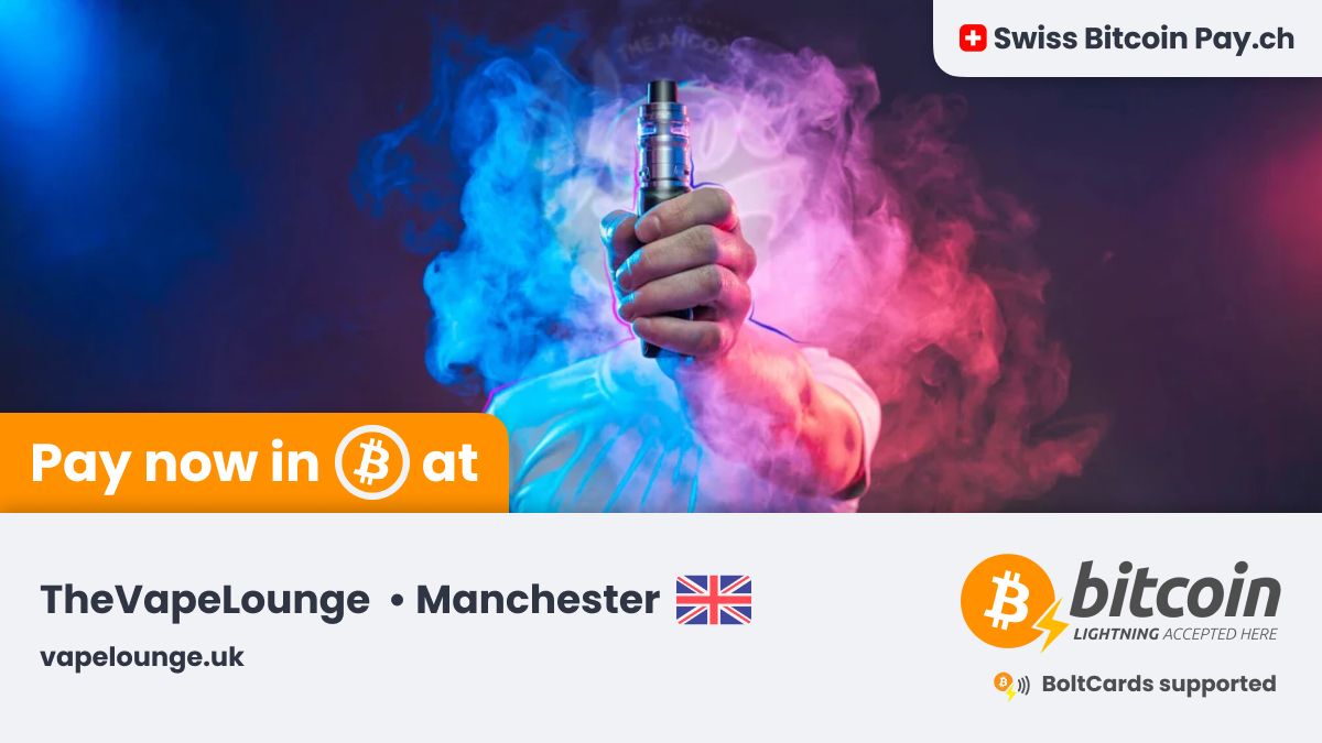 🚀 Amazing new merchant accepting Bitcoin 🚀

<a href="/manchestervape/">TheVapeLounge</a> 🇬🇧 is now accepting #Bitcoin payments ⚡ through <a href="/SwissBitcoinPay/">🇨🇭 Swiss Bitcoin Pay</a>

Electronic cigarettes in the heart of Manchester ⚡

📍 Manchester, UK
💳 BoltCards supported
🔒 This merchant has 100% control on their Bitcoin