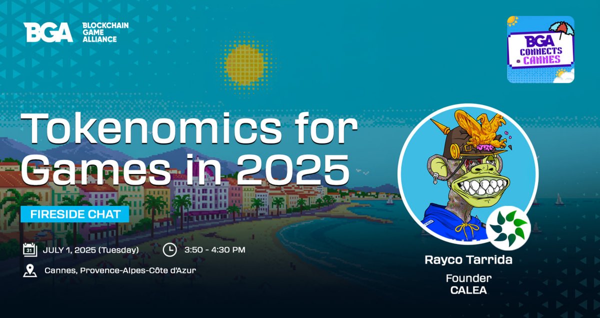👾 BGA Connects: #EthCC Cannes — Fireside Chat #3 

🎙️ Tokenomics for Games in 2025 🪙
🗓️ July 1, 2025
⏰ 3:50 – 4:30 PM
📍 Cannes, France

Featuring
🔹 <a href="/raycotarrida/">Rayco</a> - Founder, <a href="/CaleaDigital/">Calea Digital</a> 

Hear fresh perspectives on building sustainable in-game economies and connect with the