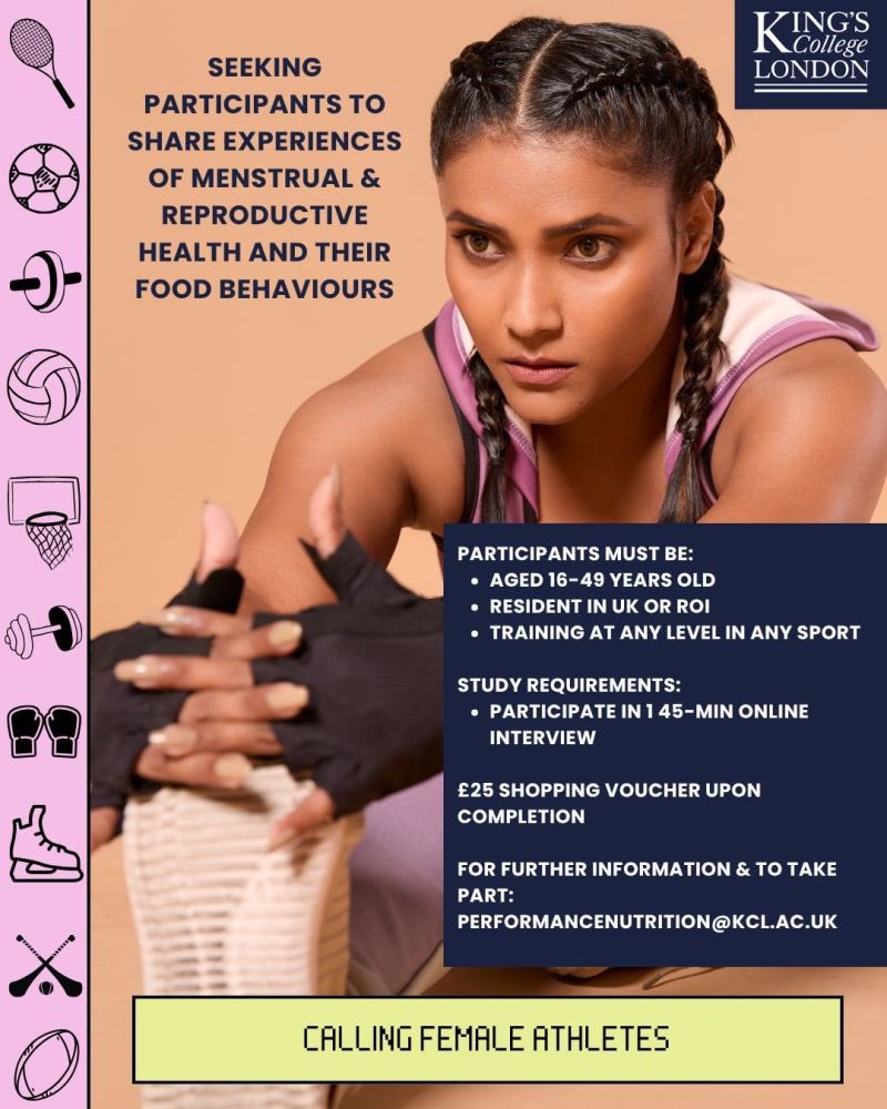 Fiona Lavelle (@fi_lavelle) on Twitter photo 🚨calling female #athletes, we are seeking athletes of all levels to take part in online interviews exploring #menstrual and reproductive health experiences & food #behaviours
Share your story
£/€25 time compensation.
More info/take part: PerformanceNutrition@kcl.ac.uk 🚨calling female #athletes, we are seeking athletes of all levels to take part in online interviews exploring #menstrual and reproductive health experiences & food #behaviours
Share your story
£/€25 time compensation.
More info/take part: PerformanceNutrition@kcl.ac.uk