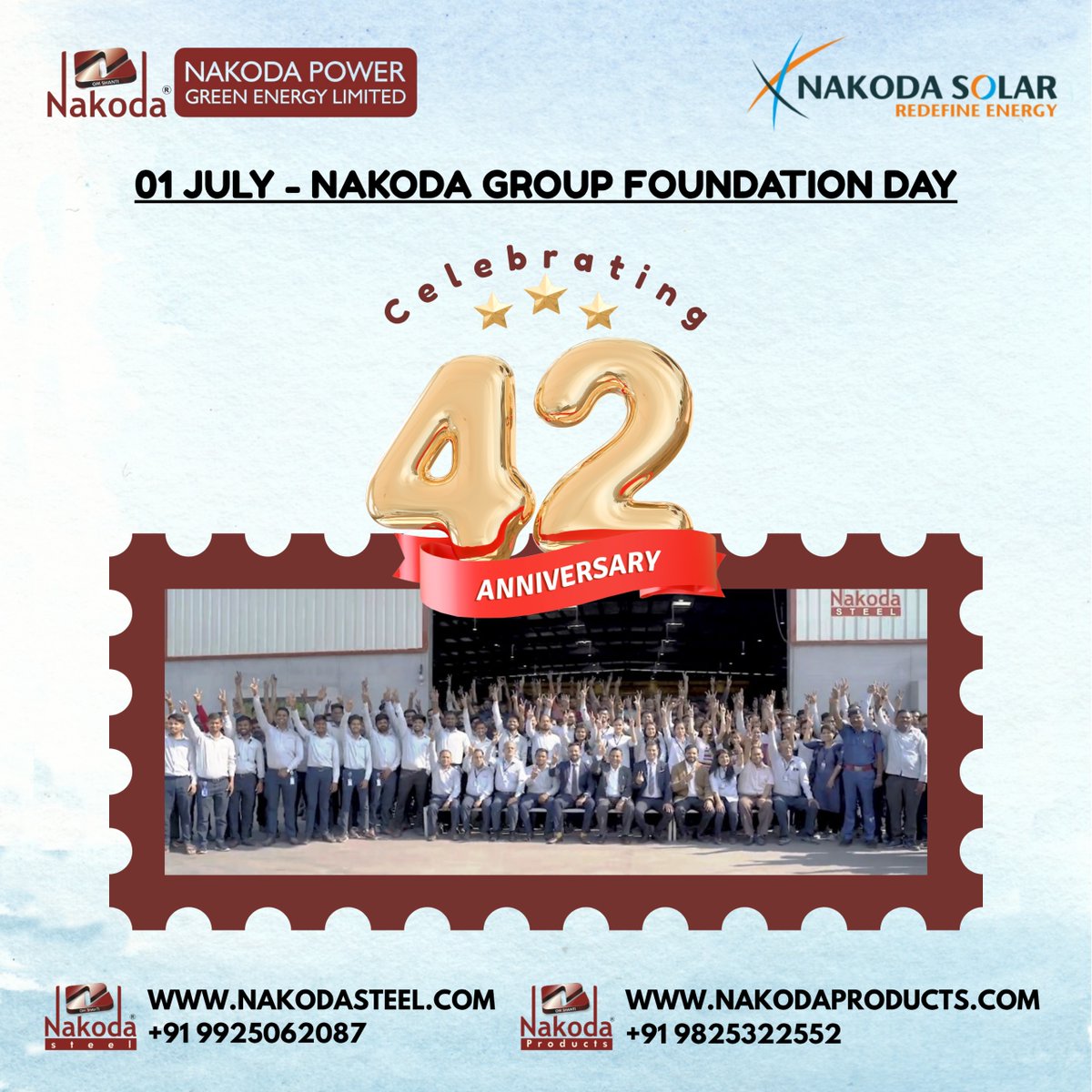 NakodaSolar's tweet photo. Congratulations to each and every member of Nakoda Group. Proud moment for all of us as we complete 42 strong years in Industry and thriving new heights every year.  1st July is Birthday of our founder and also the foundation day of our Group.   Lots of Love &amp; Blessings to All! https://t.co/QAlWlBZ8Yr