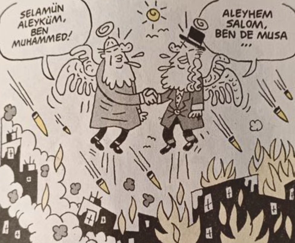 Ben linçlenecek bir şey bulamadım. Gördüğüm şu; Müslümanlar ve Yahudiler birbirlerinin şehirlerini bombalıyor. O esnada ölen iki kişi göğe yükselirken tanışıp arkadaş oluyor. Selamlaşma şekilleri neredeyse aynı, asıl gönderme de oraya. 

İsimleri o dinin peygamberinin ismini