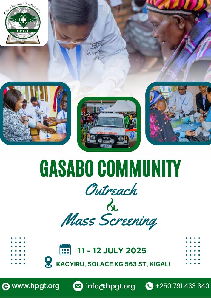 HPGT We are back 💪

We will be at the Solace Ministry, Kacyiru from 11th to 12th July 2025.

Join us as we screen for most NCDs and Infectious diseases.

Let's meet there!