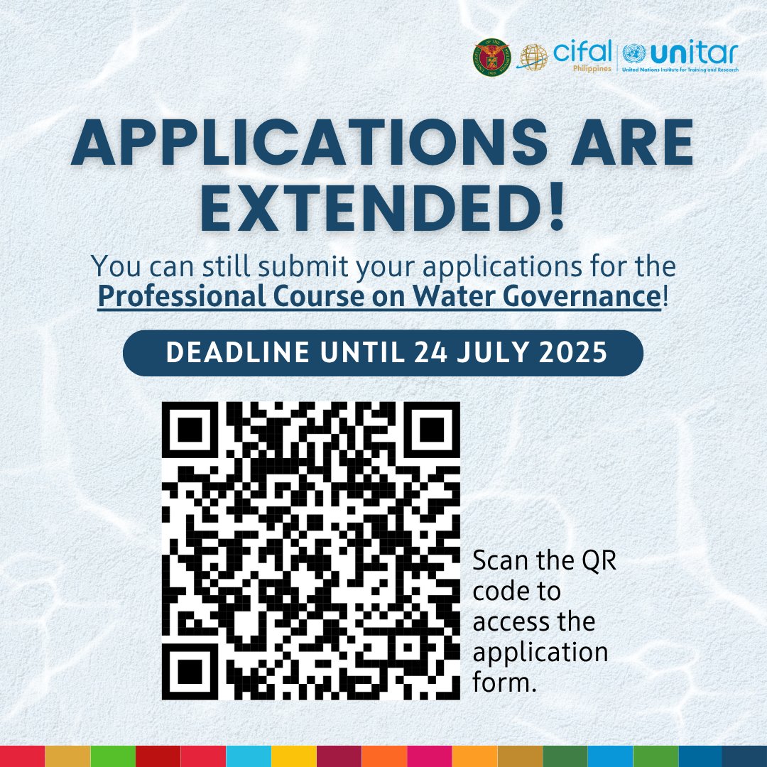 ‼️GREAT NEWS, APPLICATIONS HAVE BEEN EXTENDED!

You may still submit your application requirements for the Professional Course on Water Governance until 24 July 2025.

PCWG brochure: bit.ly/PCWGBatch2Cour…
PCWG application form: bit.ly/PCWGBatch2Appl…