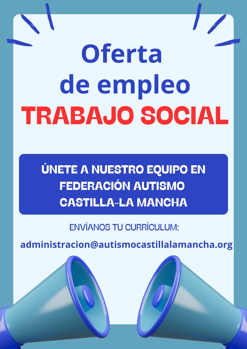 Feder. Autismo CLM (@federautismoclm) on Twitter photo 📢 ¡Buscamos trabajador/a social!
🧩 Jornada parcial
💻 Teletrabajo posible
🚀 Incorporación inmediata
📧 CV + carta a: administracion@autismocastillalamancha.org
ℹ️ Más info: autismocastillalamancha.org/wp-content/upl…
#TrabajoSocial #TEA 📢 ¡Buscamos trabajador/a social!
🧩 Jornada parcial
💻 Teletrabajo posible
🚀 Incorporación inmediata
📧 CV + carta a: administracion@autismocastillalamancha.org
ℹ️ Más info: autismocastillalamancha.org/wp-content/upl…
#TrabajoSocial #TEA