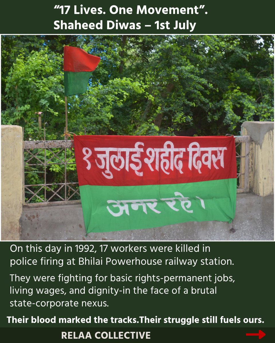Relaacollectiv's tweet photo. Relaa Collective would like to salute and remember 17 workers belonging to the Chhattisgarh Mukti Morcha (CMM), who gave their lives for the rights of the working class. This episode remains one of the cornerstones of post-independence history. https://t.co/2p75WOnvzS