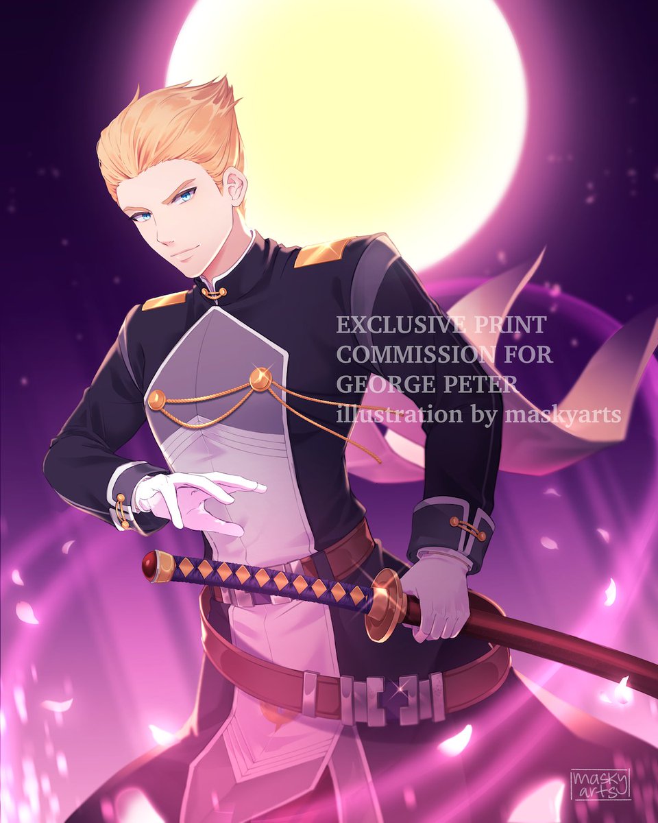 maskyarts's tweet image. I'm so excited to be able to share this exclusive print I was c0mmissioned to draw for Alan Richard's Trails in the Sky 1st voice actor, @georgepetervo! Thank you so much for the opportunity! 🌸🌕