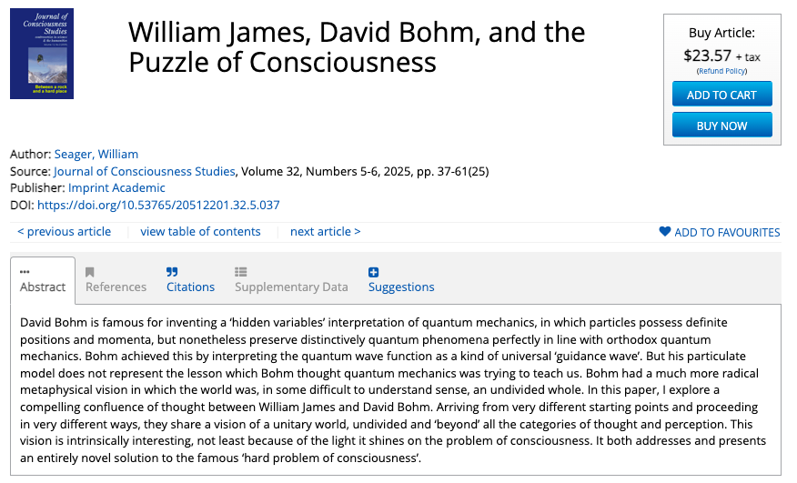 Read this new article in the Journal of Consciousness Studies now!

'William James, David Bohm, and the Puzzle of Consciousness' by William Seager. 

📚Read here: ingentaconnect.com/contentone/imp…
🔗Subscribe here: 
imprint.co.uk/product/jcs/