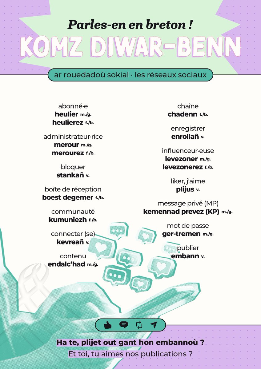 👍 Petra a vez graet eus « abonné·e » e brezhoneg ? Setu un nebeud gerioù evit komz eus ar rouedadoù sokial e brezhoneg !
📍 Sell en diaz termenadurel TermOfis en e bezh dre hor porched niverel hag hor geriaoueg er rouedadoù sokial !