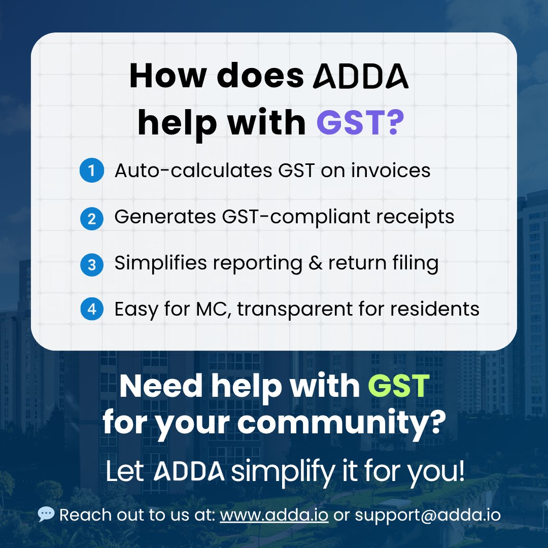 📅 It’s GST Day — Here’s Why It Matters for Your Community

GST is a mandatory tax and compliance requirement that plays a key role in apartment community finances.
Understanding the rules, applicability, and impact of GST in an apartment community is essential for every MC