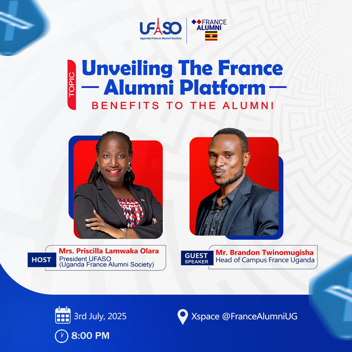 Uganda France Alumni Society 🇺🇬🇫🇷 (@francealumniug) on Twitter photo 🌍Join Us for an Exciting Conversation!
we are excited to host an engaging and insightful discussion on the France Alumni Platform a global digital space that connects alumni of French education around the world.
📅 Date: 3rd July 2025
🕗 Time: 8:00 PM EAT
📍 <a href="/FranceAlumniUG/">Uganda France Alumni Society 🇺🇬🇫🇷</a> 🌍Join Us for an Exciting Conversation!
we are excited to host an engaging and insightful discussion on the France Alumni Platform a global digital space that connects alumni of French education around the world.
📅 Date: 3rd July 2025
🕗 Time: 8:00 PM EAT
📍 <a href="/FranceAlumniUG/">Uganda France Alumni Society 🇺🇬🇫🇷</a>
