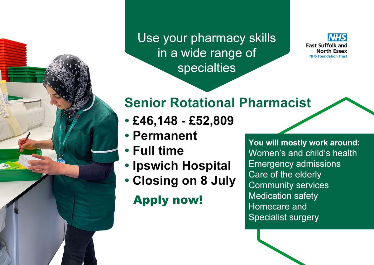 📢 CALLING ALL PHARMACISTS

Are you looking for a job in pharmacy where no two days are the same? 🏥💊 

💻 Apply here: buff.ly/xqOhybU 

#NHS #NHSJobs #Pharmacy #JobsInPharmacy #Pharmacist