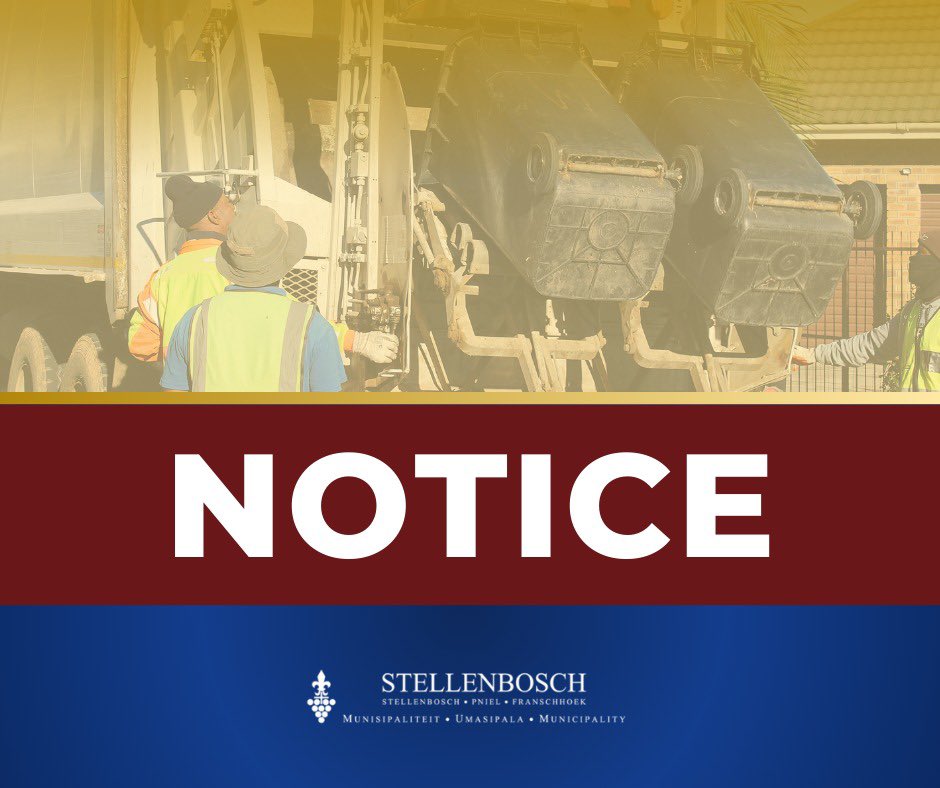📢 TEMPORARY REFUSE REMOVAL DISRUPTION – FRANSCHHOEK

Refuse removal services may be delayed during July 2025 as we transition to a new service provider. We apologise for the inconvenience and thank you for your patience.

🔗 Full notice: stellenbosch.gov.za/download/notic…
