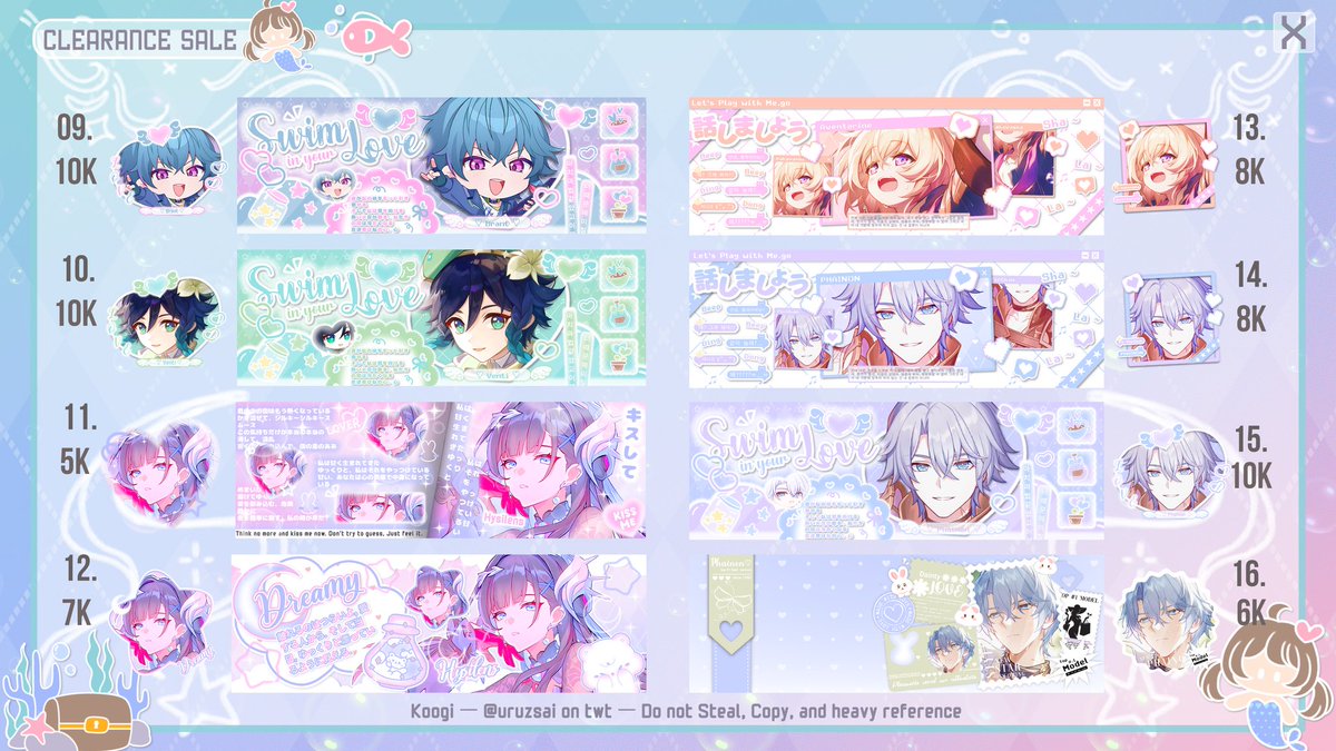 Help RT boleh ?? Maaciiww 💕

Haai, Koogi mau CS layout ridi 2D di bawah iyaa (HSR, Wuwa, Genshin, zzz, dll)
Price 5-10k (on pict)

Bisa langsung DM Koogi yaaa
Yuuk jajan yuk geess ~ ✨

#zonauang #zonajajan