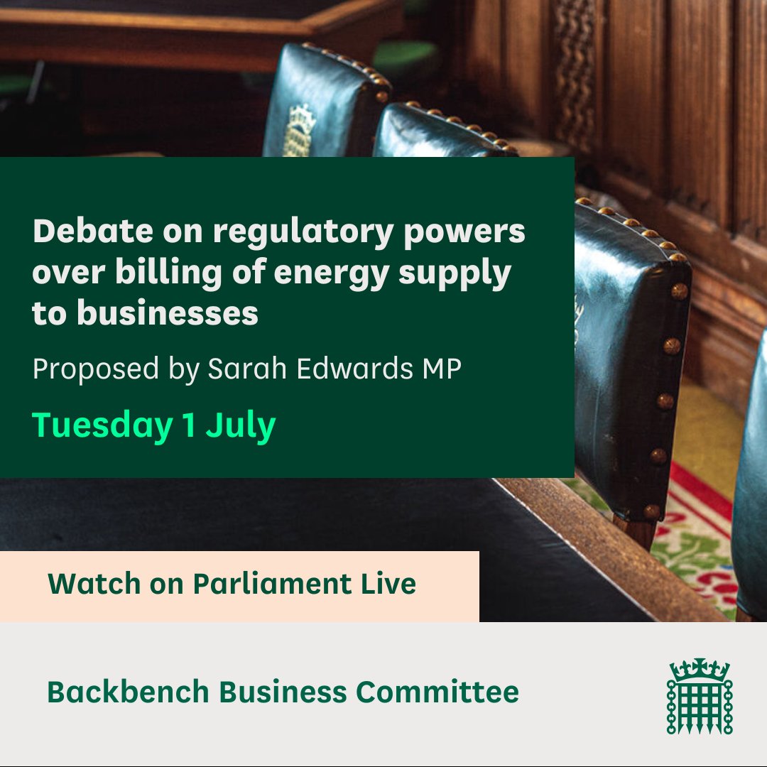 CommonsBBCom's tweet image. In Westminster Hall, MPs are holding a debate on regulatory powers over billing of energy supply to businesses, put forward by @SarahEdwardsTam
📚Read the @commonslibrary debate pack: commonslibrary.parliament.uk/research-brief…
📺Watch on Parliament live: parliamentlive.tv/Event/Index/de…