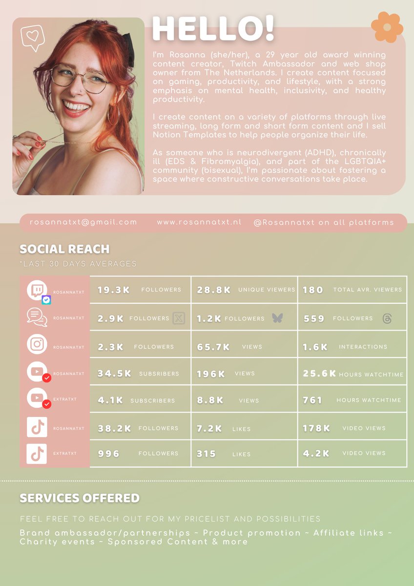 RosannaTxt's tweet image. HI! πΏβ¨
I'm Rosanna (she/her), a passionate content creator who would love to work with you!
More about me in my media kit below ΛΛΒ°β’*ββ·
π rosannatxt@gmail.com
πrosannatxt.nl