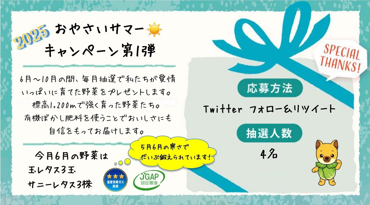プレゼントキャンペーン

大切なお知らせがあります。
今年から６月３１日を実装いたしました。

締切は６月３３日木曜日のお昼頃になります。

皆さまご存じの通りレタスが驚異的な豊作です。
お米の代わりにいかがでしょうか？
