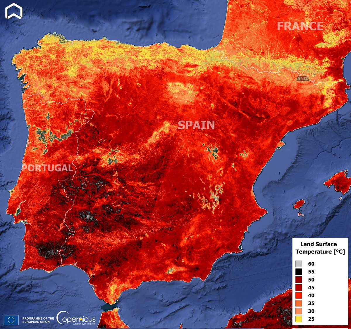 PlatformAdam's tweet image. The intense #heatwave in #IberianPeninsula in July 29 from space.
The #Copernicus #Sentinel3 image offers an impressive Land Surface Temperature (not air!) map. #Ondadecalor #oladecalor #Spain #Portugal #France #ClimateEmergency