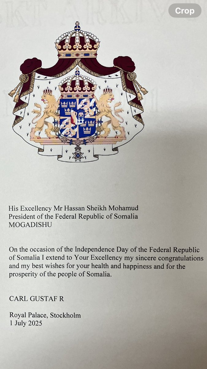 Greetings on your Independence Day, Somalia! 🇸🇴

His Majesty The King of Sweden  sends his sincere congratulations and the best wishes to the President of Somalia, His Excellency Hassan Sheikh Mohamoud, and the people of Somalia 🇸🇴🇸🇪
#SomaliaIndependence
