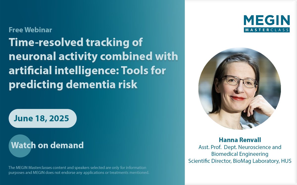 meetmegin's tweet image. 🎥Watch the latest Masterclass on demand!

&quot;Time-resolved tracking of neuronal activity combined with artificial intelligence: Tools for predicting dementia risk.&quot; Presented by Hanna Renvall, PhD.

💫 Watch on demand: 
bit.ly/3HusdNL
#Neuroscience #Alzheimers