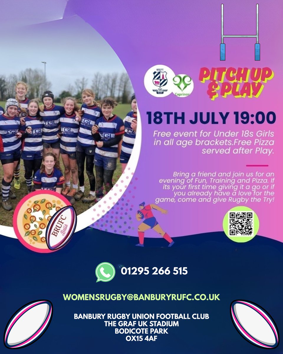 𝗣𝗜𝗧𝗖𝗛 𝗨𝗣 &amp; 𝗣𝗟𝗔𝗬 🏉 

Calling all U18 girls. Have you ever fancied trying rugby, if so, come and join us at our open evening for all age groups on Friday 18th July at The Graf Stadium. 

To Register -
forms.gle/3nsGra72xUk35V…

#BanburyRUFC #Rugby #Belles