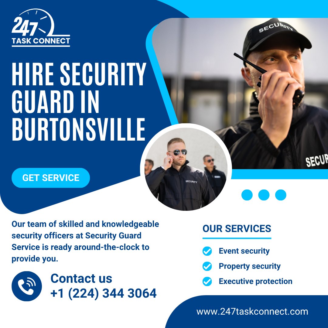task_247's tweet image. 📞 Call Now: +1 (224) 344 3064
247taskconnect.com/hire-security-…
Whether it’s a business, event, or residential property.
👮 Armed &amp;amp; Unarmed Security
🏢 Commercial &amp;amp; Retail Patrols
#SecurityGuardBurtonsville #247TaskConnect #HireSecurity #BurtonsvilleSecurity #EventSecurity #Residential
