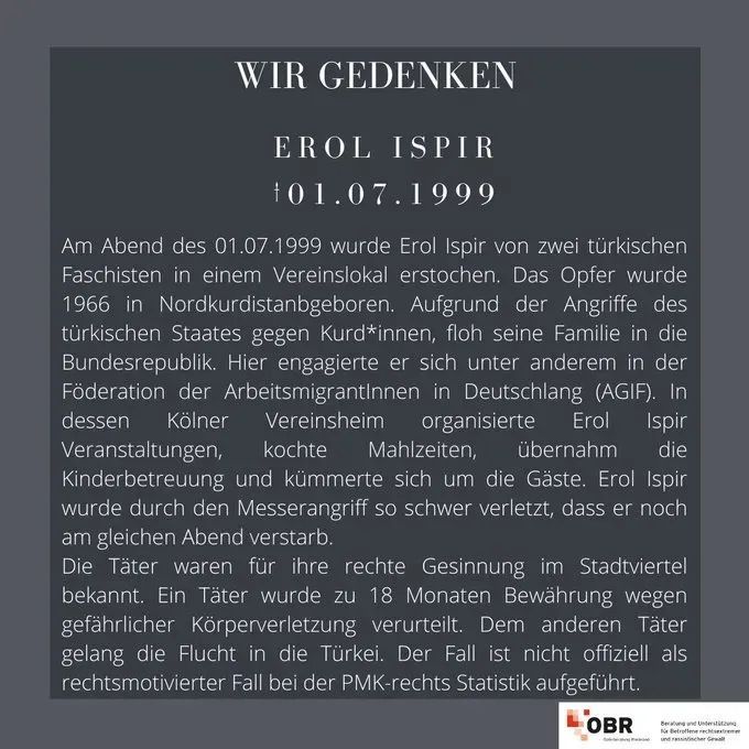 OpferNaziGewalt's tweet image. 01.07.99, Köln: Erol Ispir wird in einem Vereinslokal von zwei türkischen Faschisten erstochen. #KeinVergessen