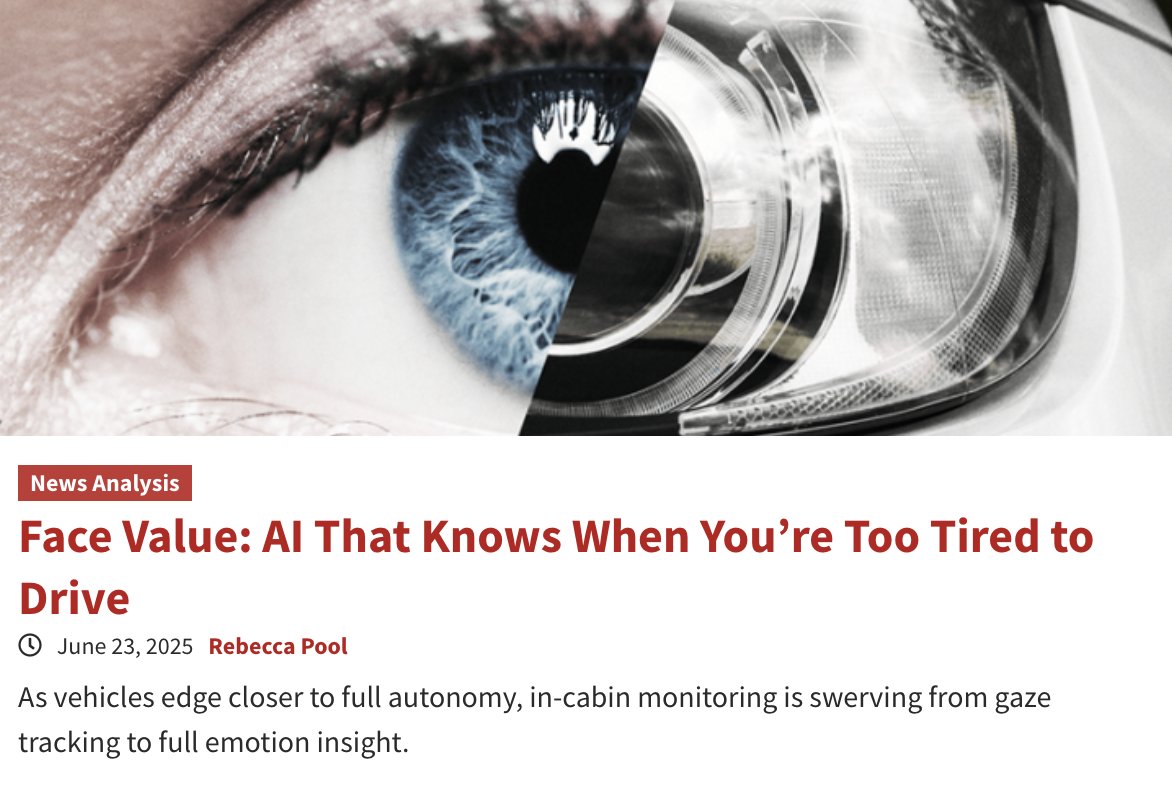 Smart Eye (@smarteyeab) on Twitter photo #DriverMonitoring started with #eyetracking. Now it’s evolving to detect emotion, stress — even intent.
This new <a href="/eetimes/">EE Times | Electronic Engineering Times</a> article explores facial expression analysis in vehicles – featuring insights from Smart Eye’s own Matthew Remijn.
📰Read it here:
hubs.ly/Q03vnyxD0 #DriverMonitoring started with #eyetracking. Now it’s evolving to detect emotion, stress — even intent.
This new <a href="/eetimes/">EE Times | Electronic Engineering Times</a> article explores facial expression analysis in vehicles – featuring insights from Smart Eye’s own Matthew Remijn.
📰Read it here:
hubs.ly/Q03vnyxD0