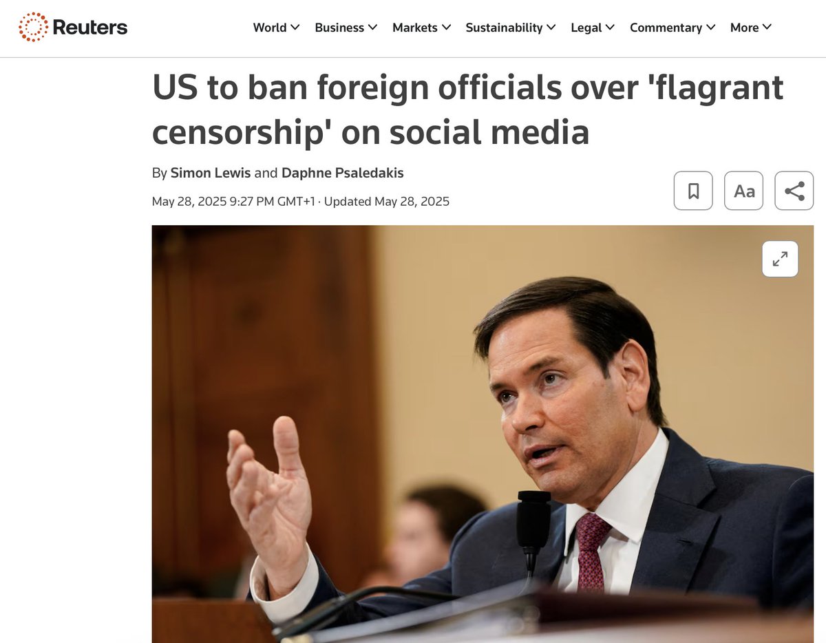 M_feeney's tweet image. The US State Department has a weird view of free speech:
1) Your speech is legal in the US - visa revoked
2) You censor speech that is legal in the US (or you're related to someone who does) - visa revoked