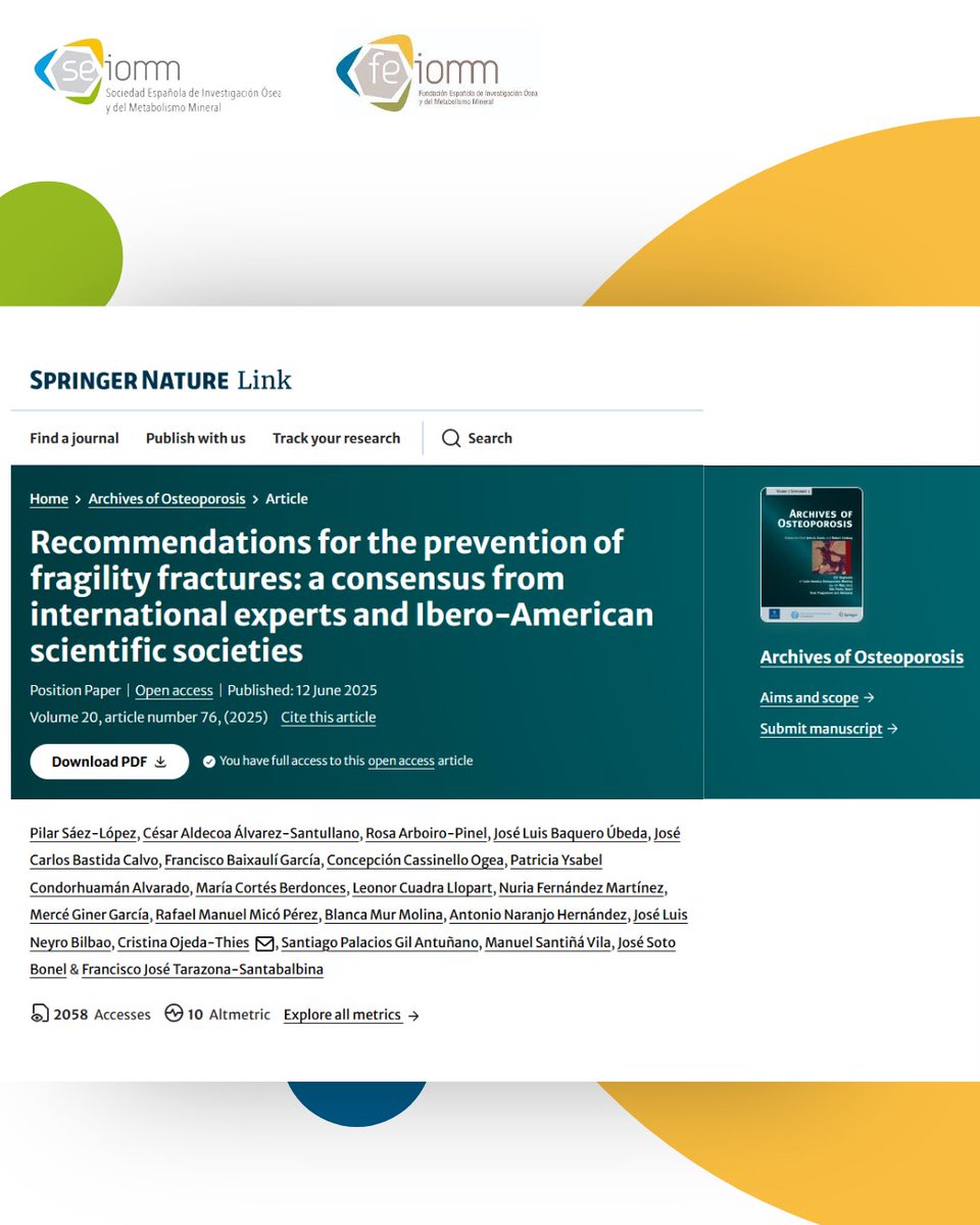 seiomm's tweet image. SEIOMM participa en un importante consenso internacional publicado en Archives of Osteoporosis con 31 sociedades científicas y asociaciones de pacientes de Ibero-Americanas para prevenir fracturas por fragilidad.
📄 Lee el artículo completo 👉 doi.org/10.1007/s11657…