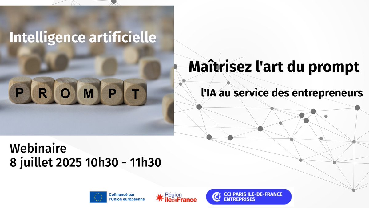 🚀 J-7 ! Ne ratez pas cette chance de maîtriser l’IA avec des prompts efficaces.
📅 Mardi 8 juillet | 10h30-11h30
👉 Inscription : webikeo.fr/webinar/intell…

✅ Des techniques prêtes à l’emploi
✅ Des cas concrets
✅ Un webinaire 100 % pratique
#IA #Prompting #Webinaire
<a href="/PKuchly57/">Pierre KUCHLY</a>